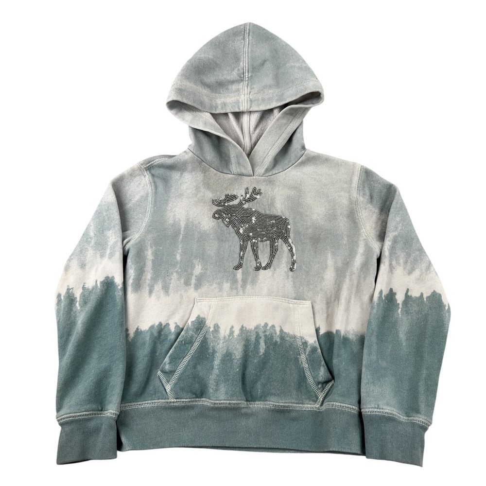 Abercrombie Kids Sequin Moose Tie Dye Hoodie Kids 7/8 Blue Pullover Sweatshirt